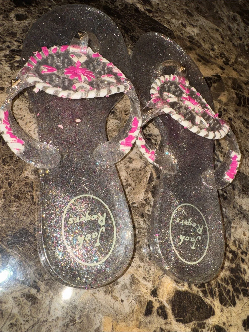 Jack Rogers Silver Colorful Glitter Girls' Sandals with pink/white accents - 4